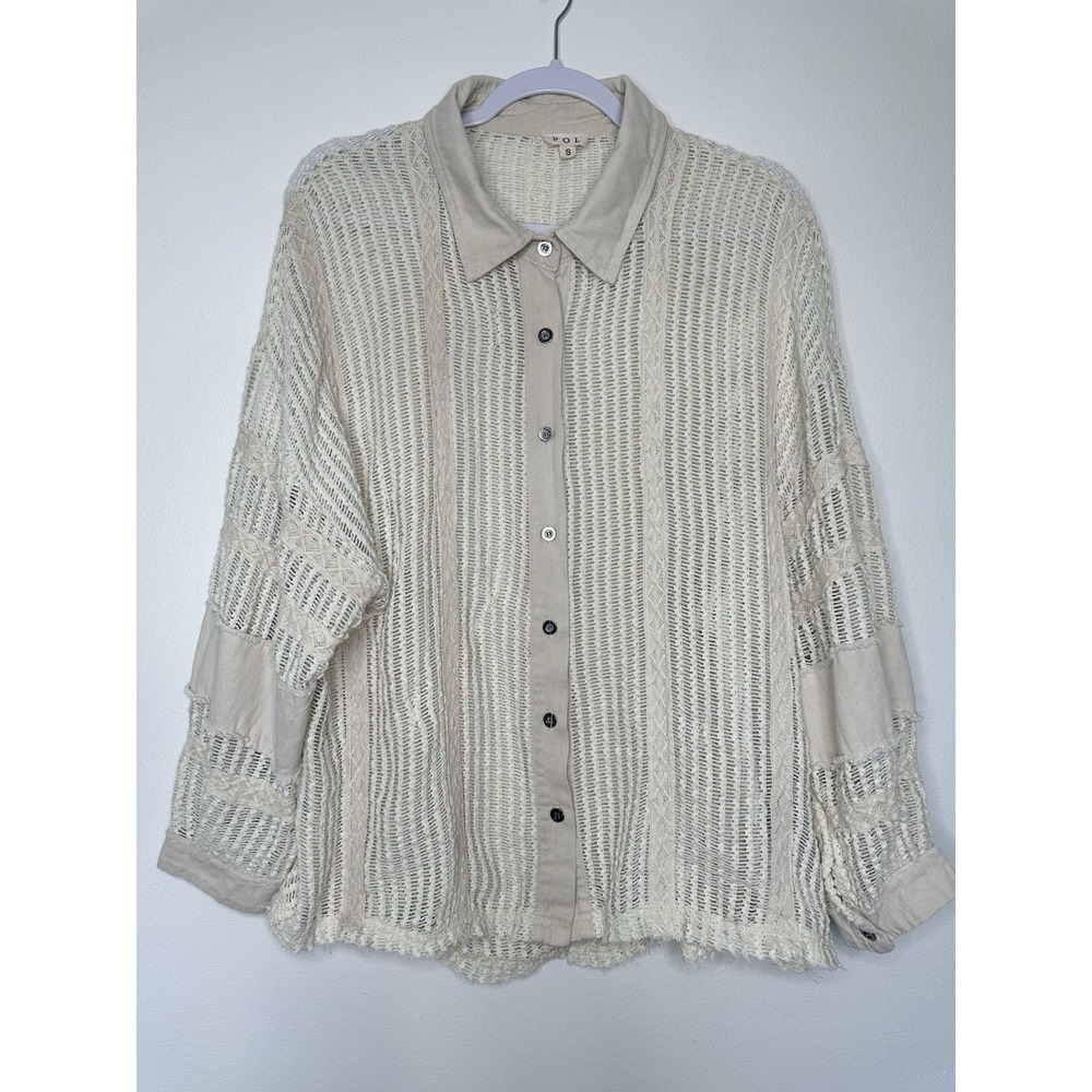Pol Open Knit Button up Shirt Womens S Cream Oversized Lace Sheer